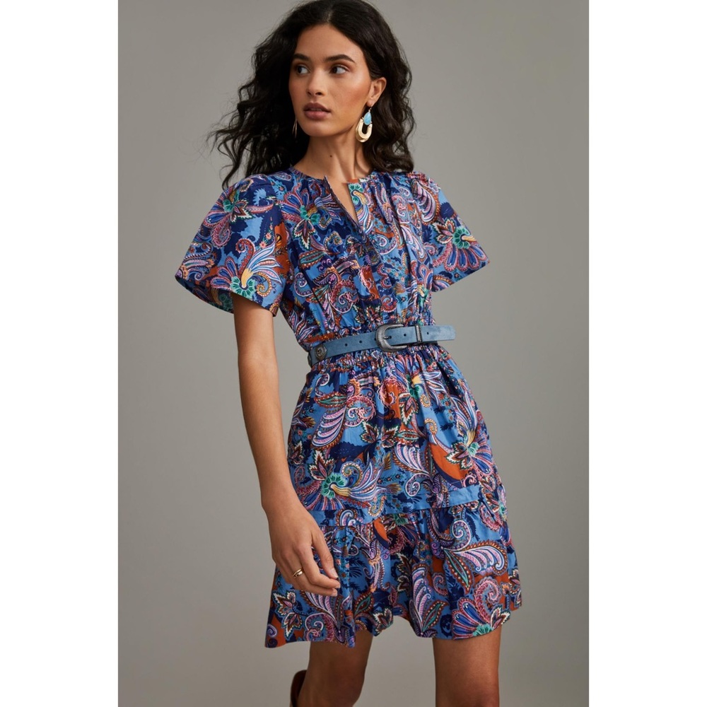 Anthropolgie Maeve Somerset Mini Dress Sz S Blue Multicolor Printed Ruffle EUC